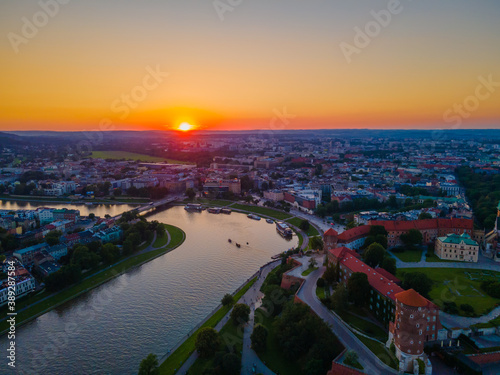 Aerial view of Wawel castle in Krakow, Poland during s sunset