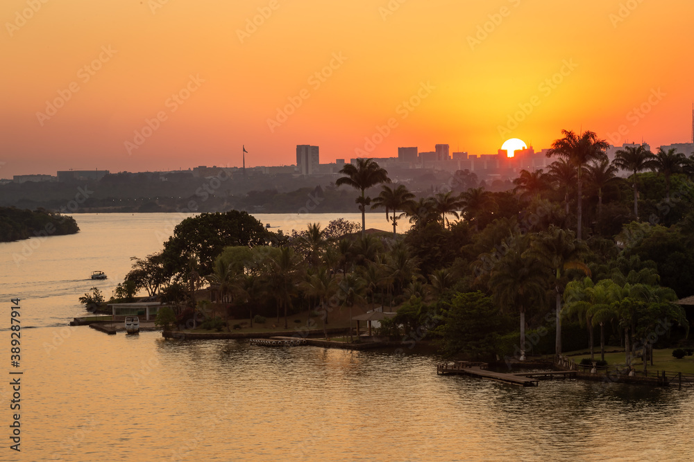 Sunset in Brasilia, the capital of Brazil, seen from Lago Norte. The city of amazing skies. Cerrado.