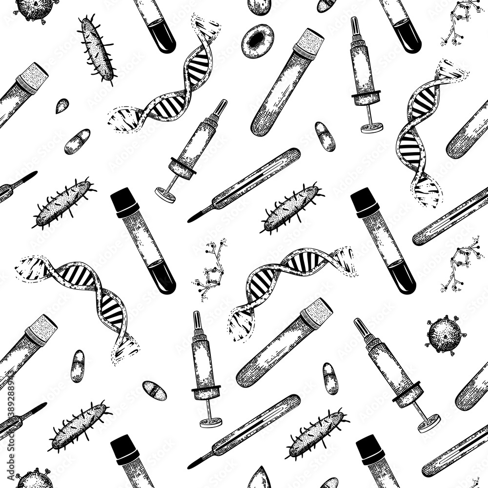Seamless vector pattern with medical tools, virus cells, chemictry and other elements in handdrawn engraving style
