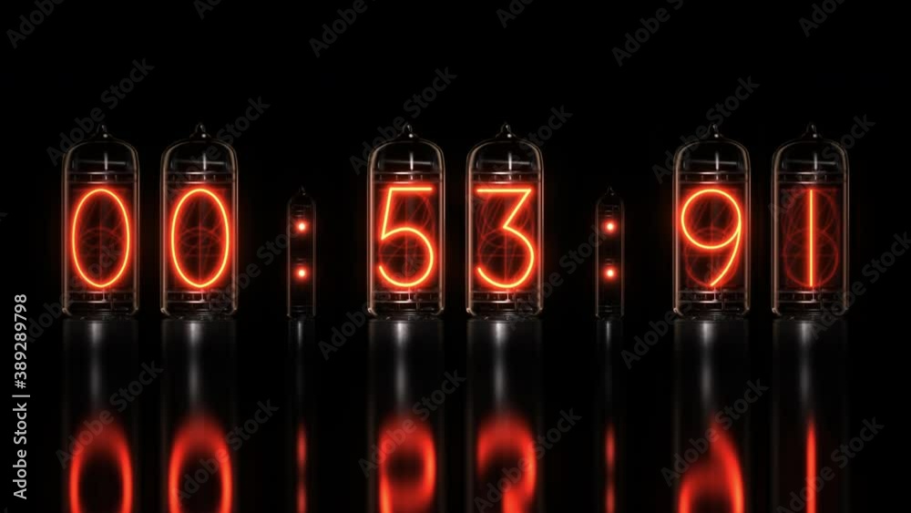 Realistic Nixie tube clock or timer. Countdown time from 60 seconds to 0. 1 minute. Retro, vintage electric time indicator. Bright glowing digital numbers. Nostalgic type. 3D render. 4K animation