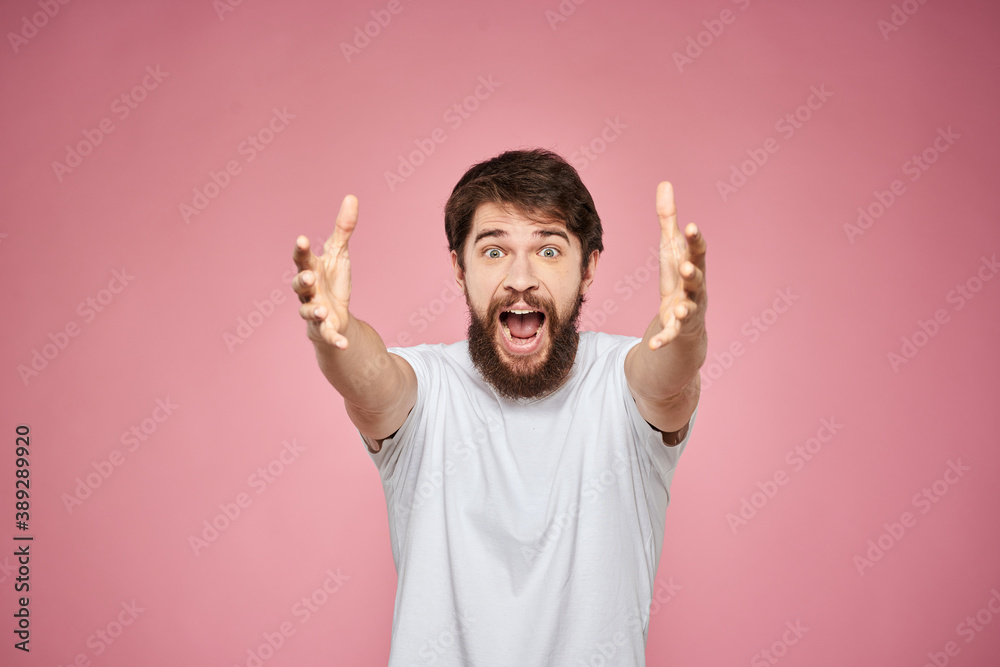 cute bearded men white t-shirt studio pink isolated background cute bearded men white t-shirt studio pink isolated background