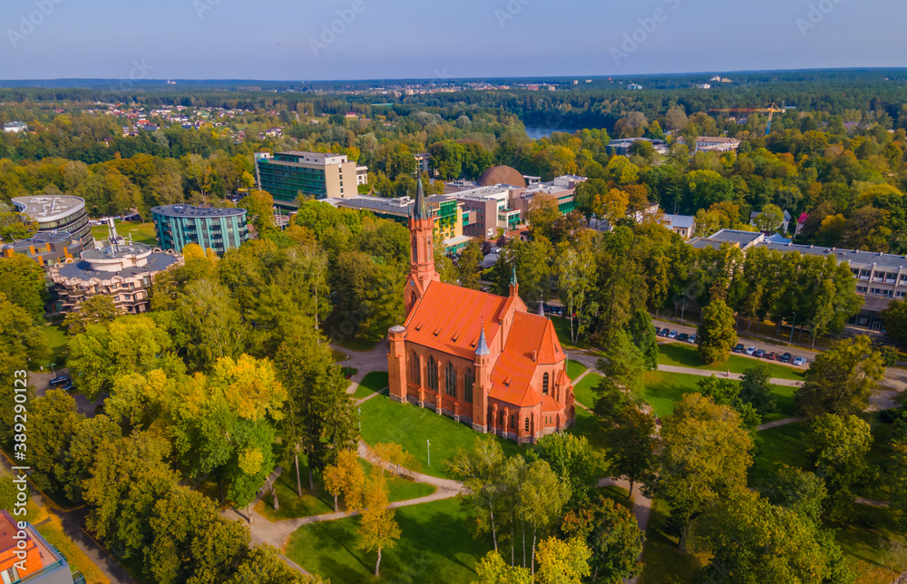 Aerial view of Lithuanian resort Druskininkai church in city park