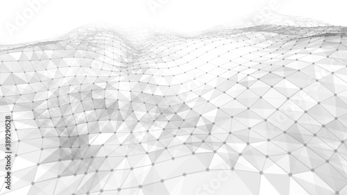 Futuristic white futuristic background. Wave with connecting dots and lines on wave background. Abstract interlacing lines and points. Digital connection of elements. Imitation waves.