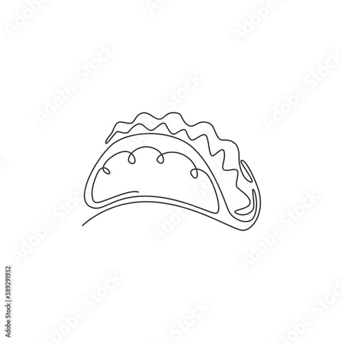 Single continuous line drawing of stylized Mexican tacos logo label. Emblem fast food nacho restaurant concept. Modern one line draw design vector illustration for cafe, shop or food delivery service