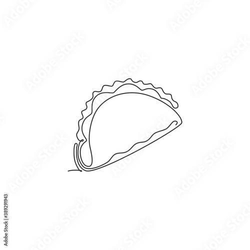 One single line drawing of fresh Mexican taco logo vector graphic illustration. Fast food cafe menu and Mexico restaurant badge concept. Modern continuous line draw design street food logotype