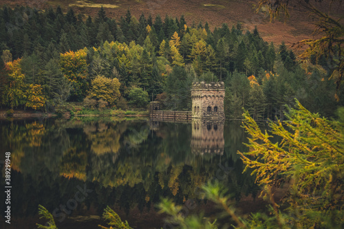 Derwent Dam with reflection the water, autumn,  Derwent Reservoir, Peak District National Park, England, Europe