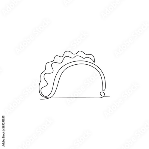 Single continuous line drawing of stylized Mexican taco logo label. Emblem fast food nacho restaurant concept. Modern one line draw design vector illustration for cafe, shop or food delivery service