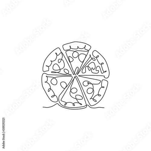 One continuous line drawing of fresh delicious Italy pizza restaurant logo badge. Fast food Italian pizzeria cafe shop logotype template concept. Modern single line draw design vector illustration