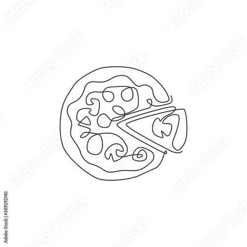 One single line drawing of fresh Italian pizzeria logo vector graphic art illustration. Fast food pizza cafe menu and restaurant badge concept. Modern continuous line draw design street food logotype