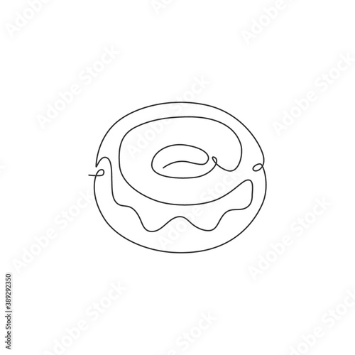 Single continuous line drawing of stylized donut store logo label. Emblem fast food doughnut restaurant concept. Modern one line draw design vector illustration for cafe, shop or food delivery service