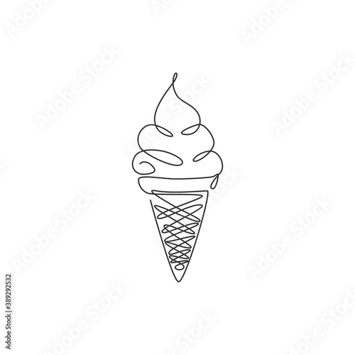 One single line drawing of fresh ice cream cone store logo graphic vector illustration. Icecream dessert cafe menu and restaurant badge concept. Modern continuous line draw design street food logotype