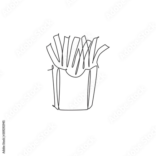 Single continuous line drawing of stylized french fries store logo label. Emblem fast food restaurant concept. Modern one line draw design vector illustration for cafe, shop or food delivery service