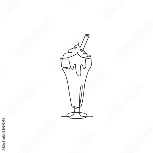 One single line drawing of fresh sweet milkshake with wafer stick logo vector illustration. Drink shop cafe menu and restaurant badge concept. Modern continuous line draw design street food logotype