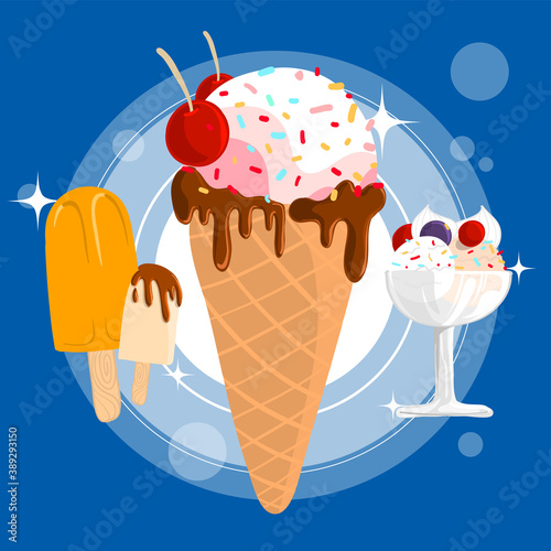 Three types of Ice cream. Drawing vector illustration of sweet dessert for summer with layers.