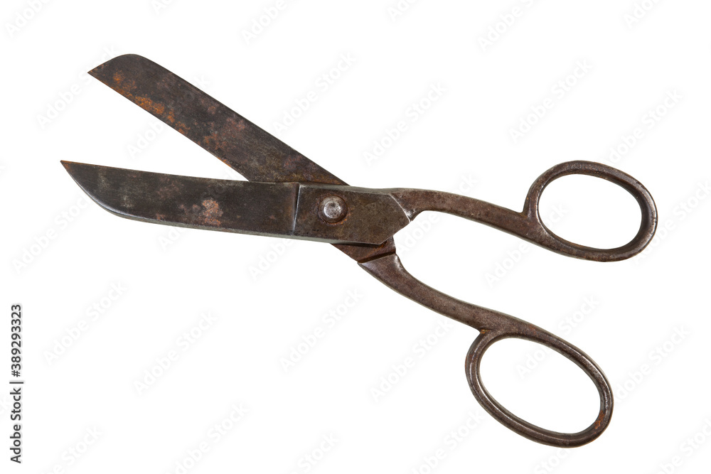 Old rusty big tailor scissors isolated on white background Old rusty big tailor scissors isolated on white background