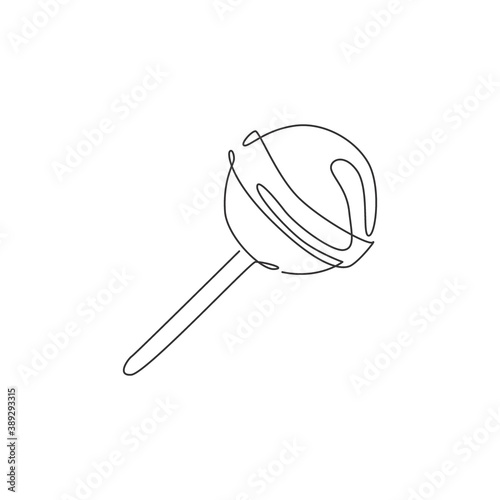 Single continuous line drawing of stylized round lollipop candy shop logo label. Emblem confectionery store concept. Modern one line draw design vector graphic illustration for snacks delivery service