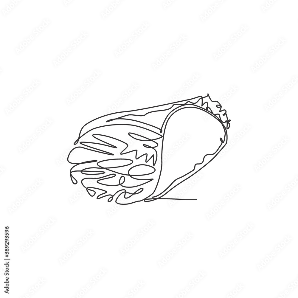 One continuous line drawing of fresh delicious Mexican online burritos restaurant logo emblem. Fast food nacho cafe shop logotype template concept. Modern single line draw design vector illustration One continuous line drawing of fresh delicious Mexican online burritos restaurant logo emblem. Fast food nacho cafe shop logotype template concept. Modern single line draw design vector illustration