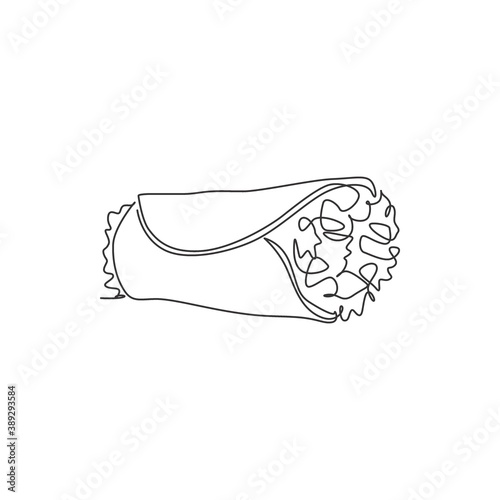 One single line drawing of fresh hot spicy online Mexican burritos shop logo vector illustration. Mexico street fast food menu and restaurant badge concept. Modern continuous line draw design logotype