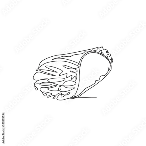 One continuous line drawing of fresh delicious Mexican online burritos restaurant logo emblem. Fast food nacho cafe shop logotype template concept. Modern single line draw design vector illustration