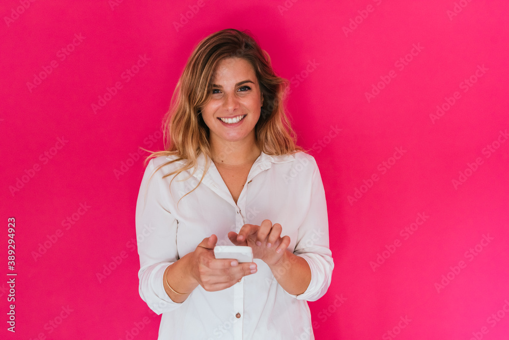 Girl with mobile phone on pink Girl with mobile phone on pink