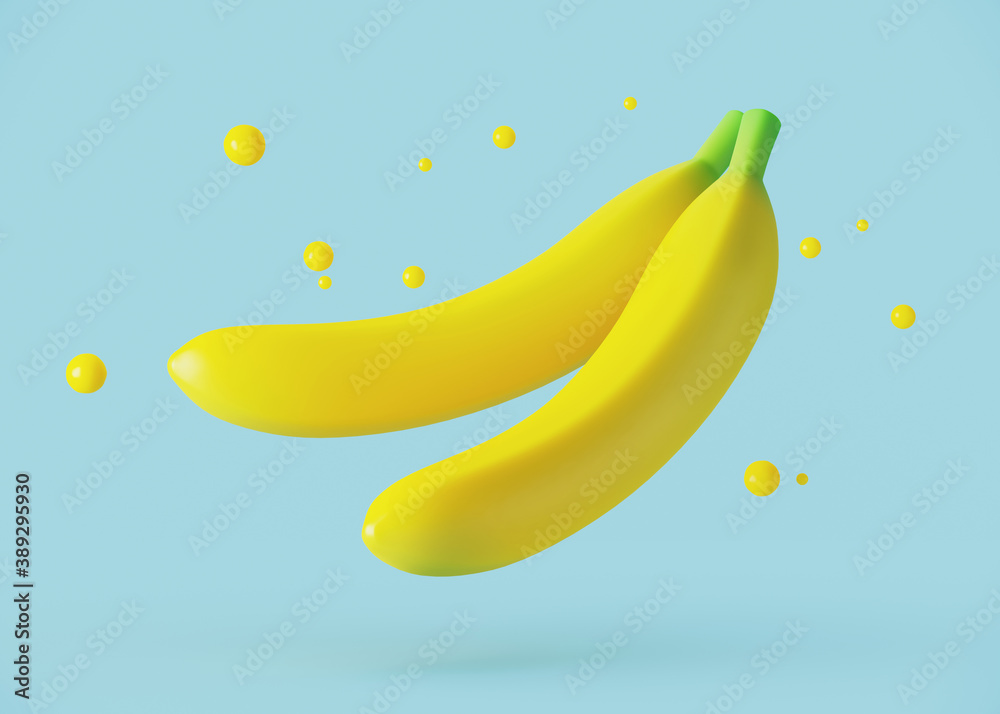 Minimal object for food and beverage concept. Banana cartoon style on blue background. 3d rendering illustration. Clipping path of each element included.
