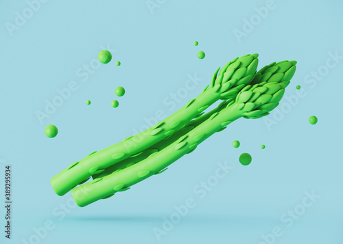 Minimal object for food and beverage concept. Asparagus cartoon style on blue background. 3d rendering illustration. Clipping path of each element included.