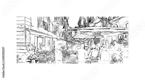 Building view with landmark of Catania is an ancient port city on Sicily's east coast. Hand drawn sketch illustration in vector.