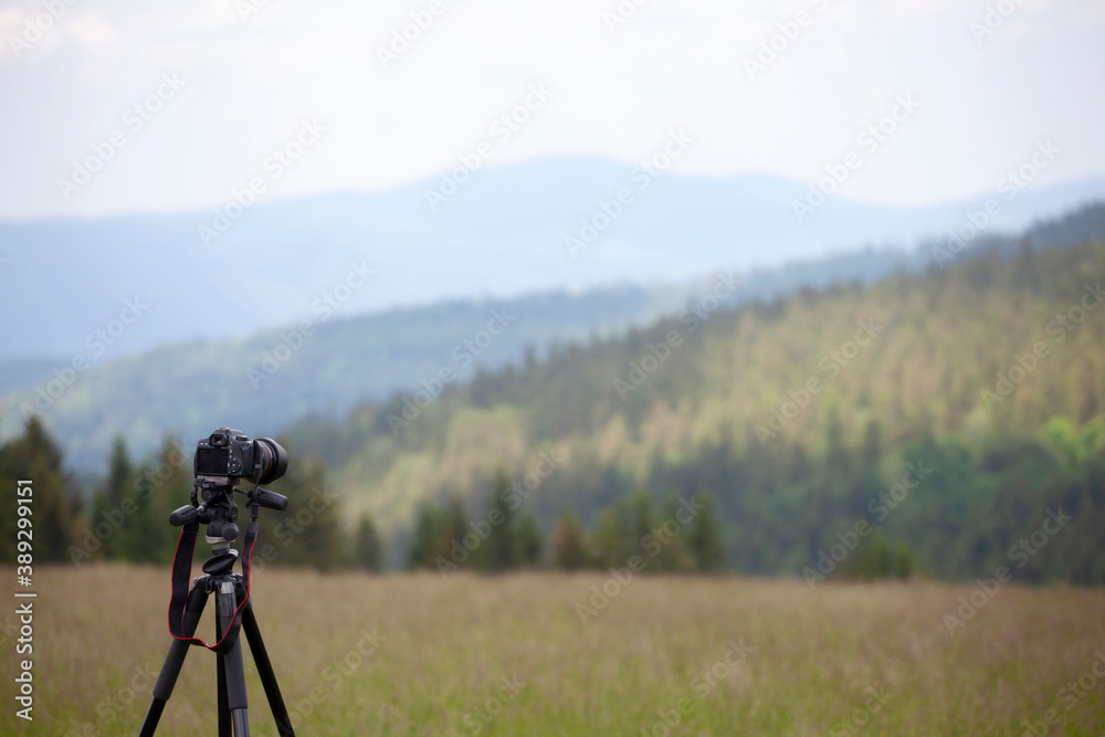 Camera on tripod standing at mountain meadow wild nature forest background photography travel concept