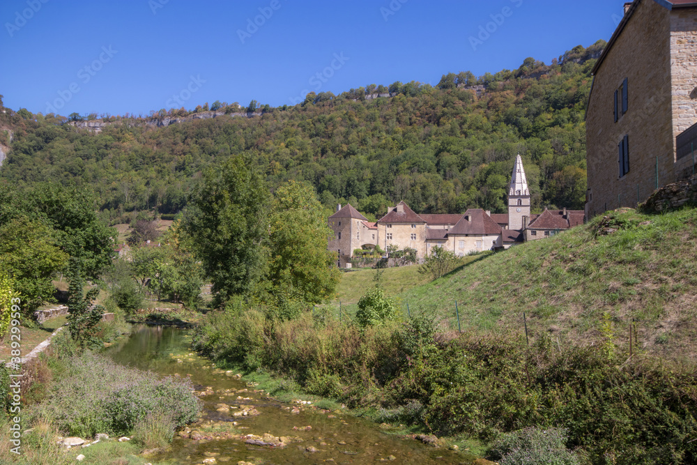 Baume Les Messieurs village, Valley, canyon from Jura Baume Les Messieurs village, Valley, canyon from Jura