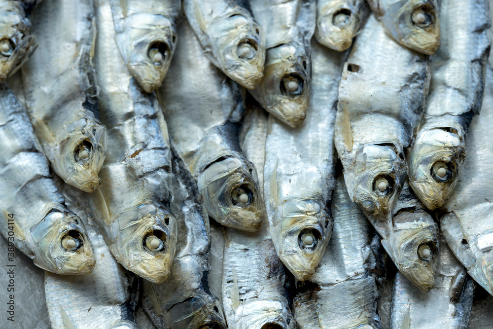 Obraz premium Rows of small dried sardines.