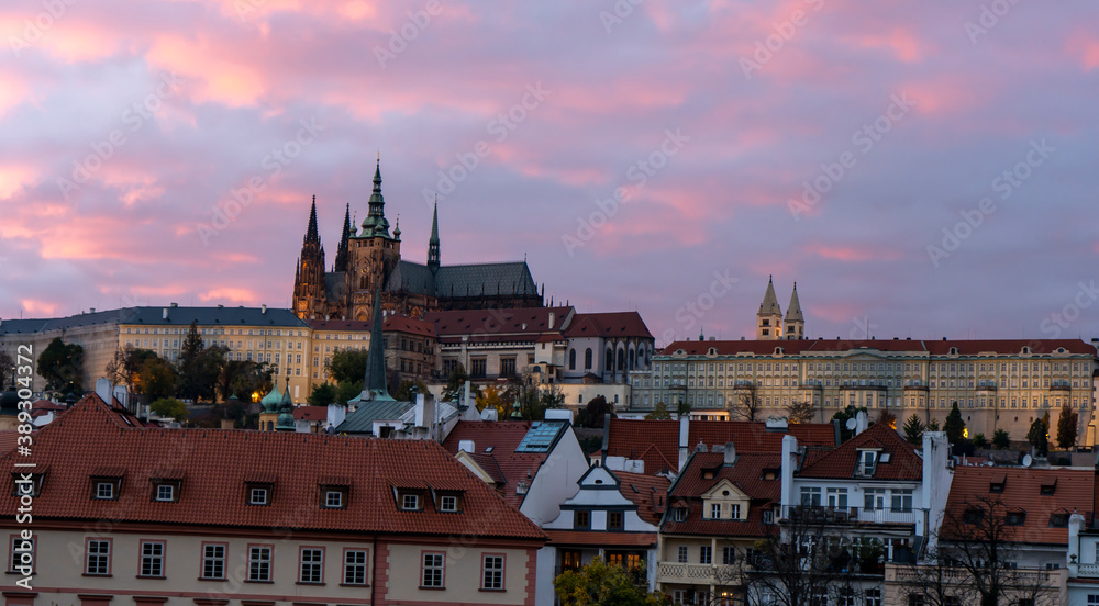 St. Vitus Cathedral and Prague Castle in the center of Prague at sunset the sky is colored by light