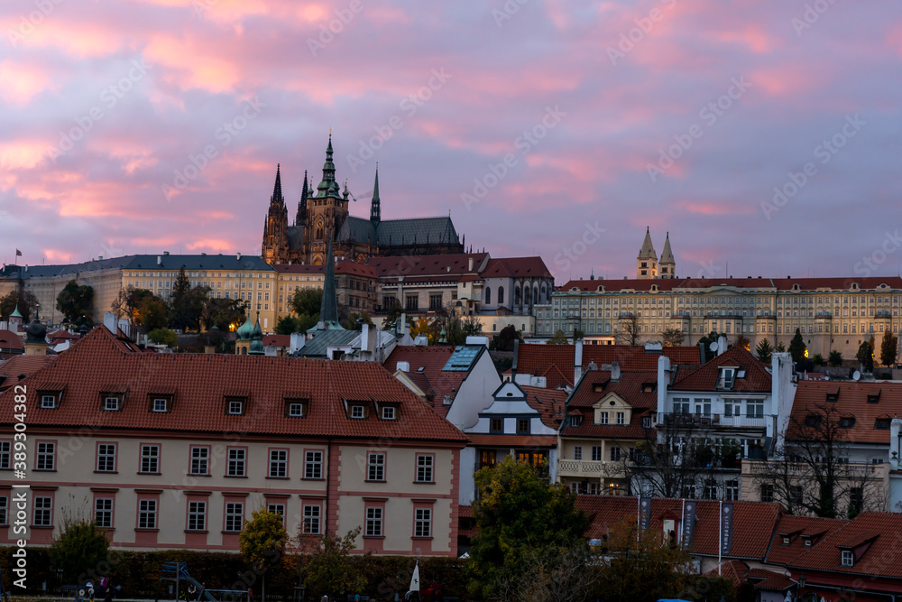 St. Vitus Cathedral and Prague Castle in the center of Prague at sunset the sky is colored by light