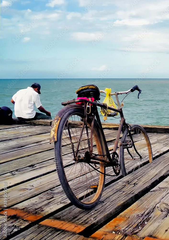 Fototapeta premium A person and his bicycle fishing in the pier of La Ceiba Honduras