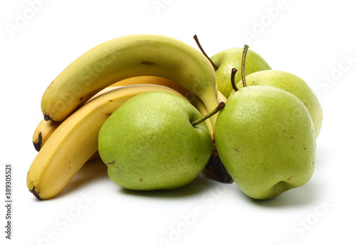 Fresh ripe bananas and pears on white background 