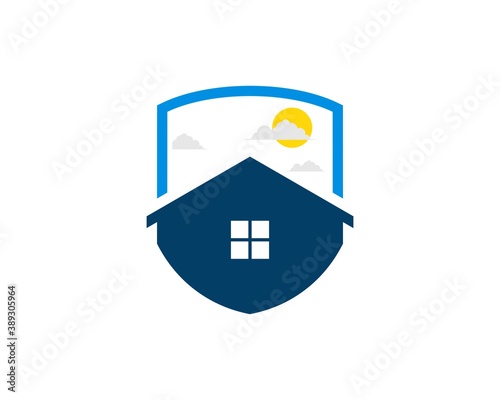 Shield with simple house inside