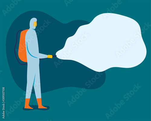 people with hazmat protective suit spraying virus vector illustration 