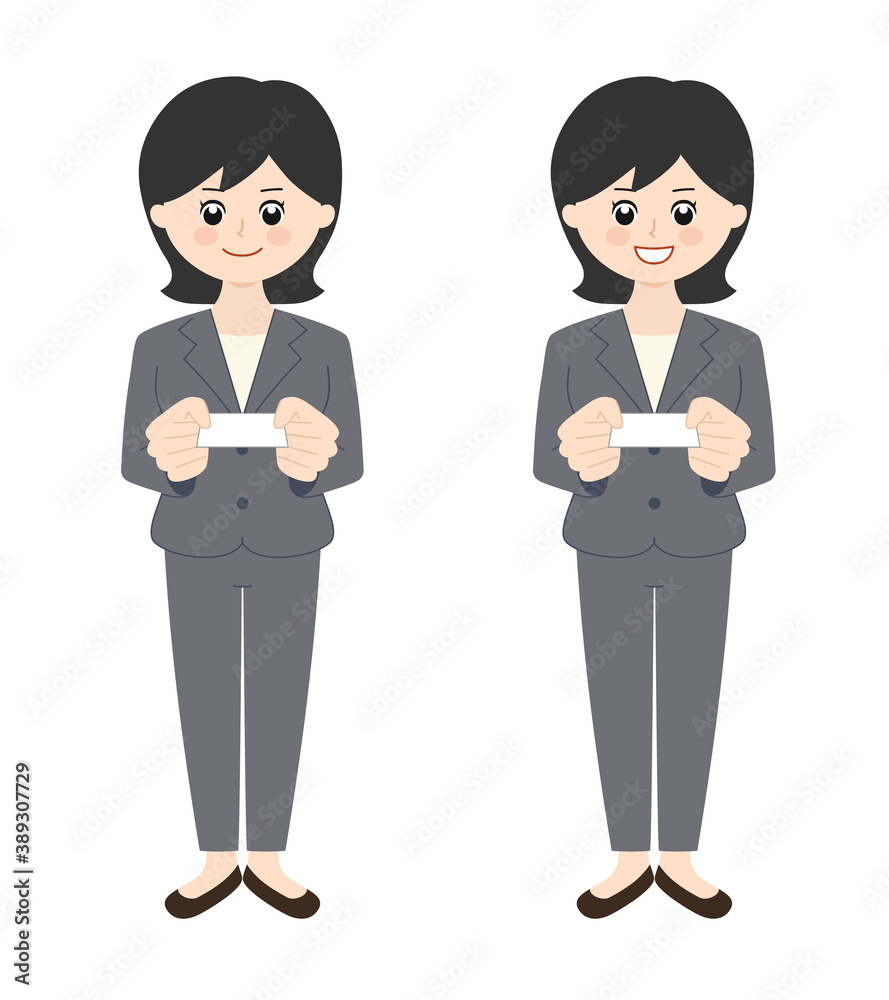 Business woman wearing a pantsuit with black hair handing over a business card. Vector illustration isolated on white background. Business woman wearing a pantsuit with black hair handing over a business card. Vector illustration isolated on white background.