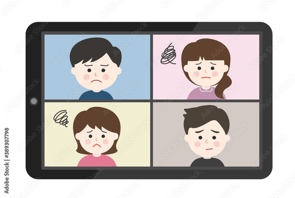 Young people getting stressed from an online meeting on tablet or smartphone. Vector illustration isolated on white background. Young people getting stressed from an online meeting on tablet or smartphone. Vector illustration isolated on white background.