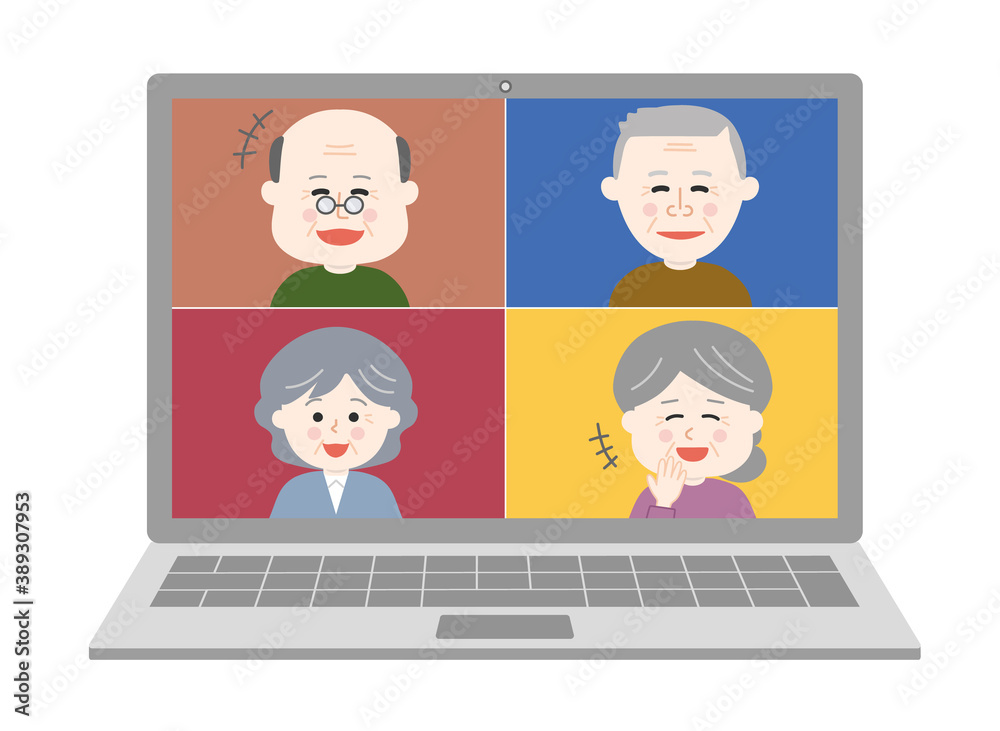 People laughing a lot having an online party on laptop. Vector illustration isolated on white background. People laughing a lot having an online party on laptop. Vector illustration isolated on white background.
