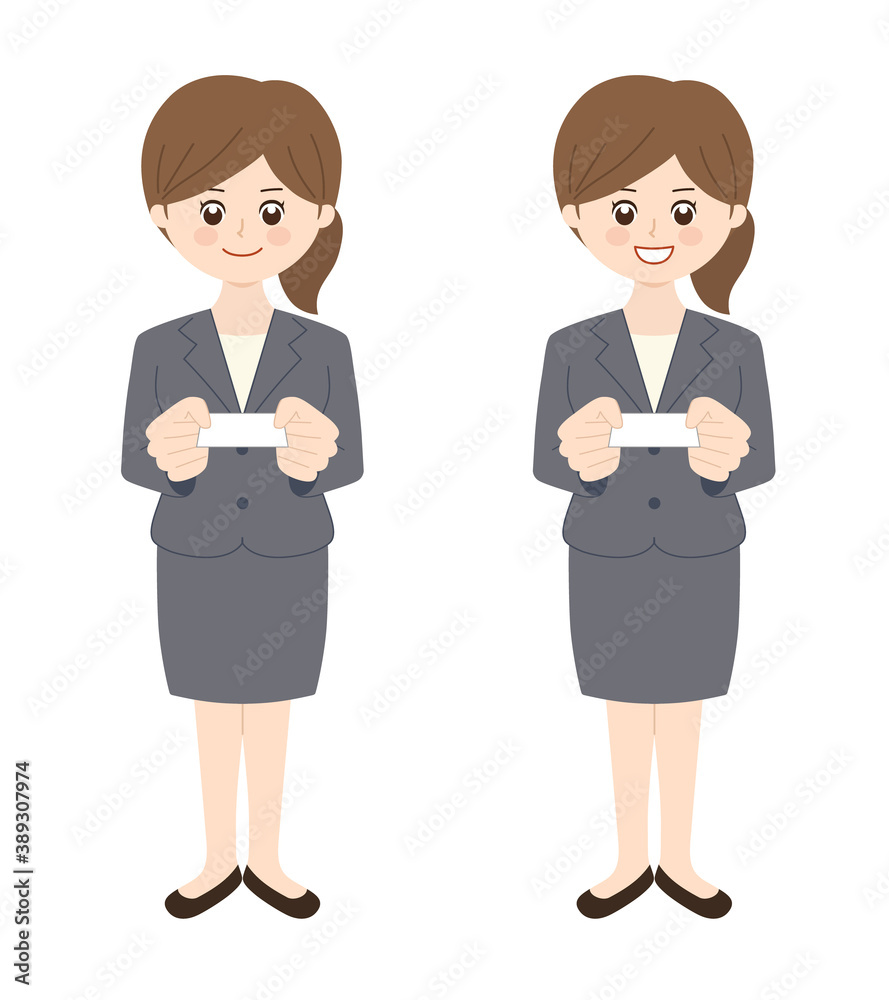 Business woman wearing a skirt with brunette hair handing over a business card. Vector illustration isolated on white background. Business woman wearing a skirt with brunette hair handing over a business card. Vector illustration isolated on white background.