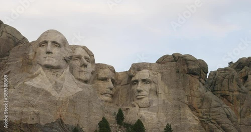 Mount Rushmore South Dakota presidents close pan 4K. National Memorial carved into granite in the Black Hills South Dakota. President Washington, Lincoln, Jefferson and Roosevelt. photo