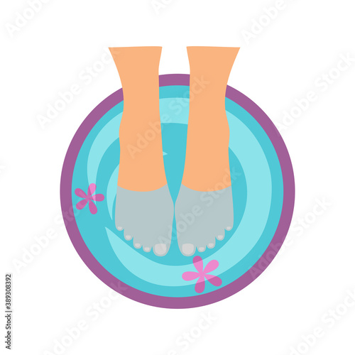 Soaking feet in bowl filled with water in flat design. Foot bath skin care for relaxation. Spa manicure step at home or beauty salon.