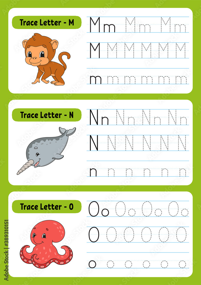 Writing letters. Tracing page. Practice sheet. Worksheet for kids. exercise for preschools. Learn alphabet. Cute characters. Vector illustration. Cartoon style.