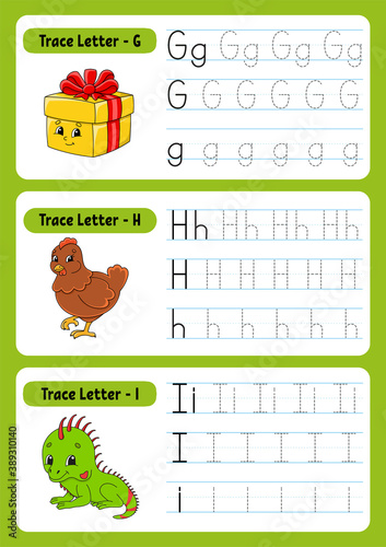 Writing letters. Tracing page. Practice sheet. Worksheet for kids. exercise for preschools. Learn alphabet. Cute characters. Vector illustration. Cartoon style.