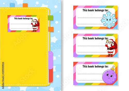 Book label stickers for kids. The rectangular shape. Christmas theme. Isolated color vector illustration. Cartoon character. For the diary, notebook, book.