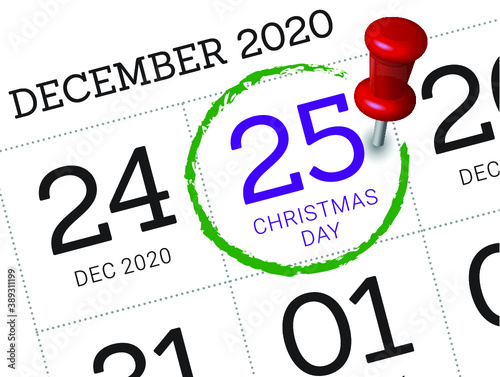 Close up of Christmas day 2021 on diary calendar. Wishing you wonderful memories during this joyous season.