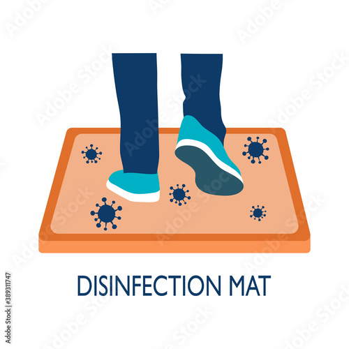 Man or woman are standing on disinfection mat to clean shoe from Covid-19 coronavirus and bacteria. Healthcare concept vector illustration on white background.	
