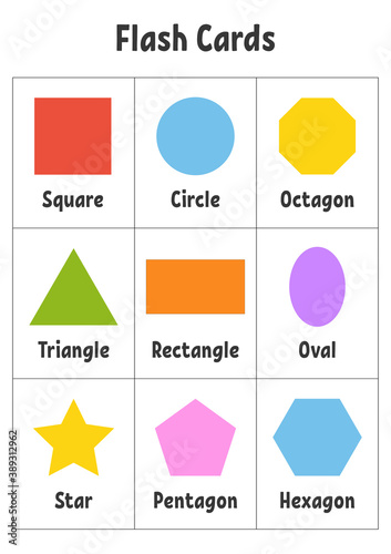 Flash cards. Learning shapes. Education developing worksheet. Activity page for kids. Color game for children. Vector illustration.