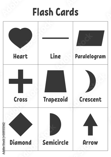 Flash cards. Learning shapes. Education developing worksheet. Activity page for kids. Game for children. Vector illustration.