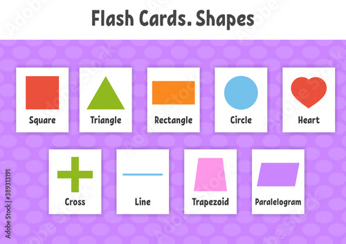 Flash cards. Learning shapes. Education developing worksheet. Activity page for kids. Color game for children. Vector illustration. Cartoon style.